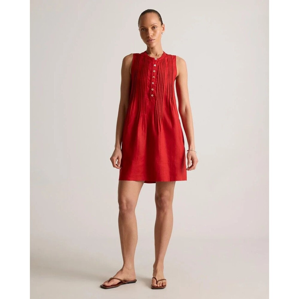 Quince 100% European Linen Sleeveless Swing Dress Chile Red Pintuck S Preppy